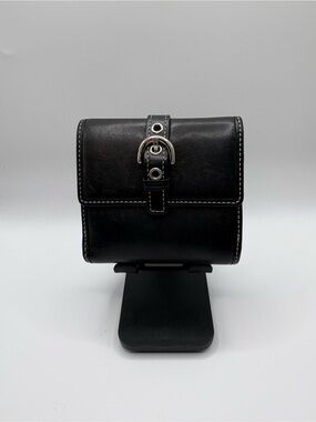 Coach Black Leather Compact Wallet with Silver Buckle